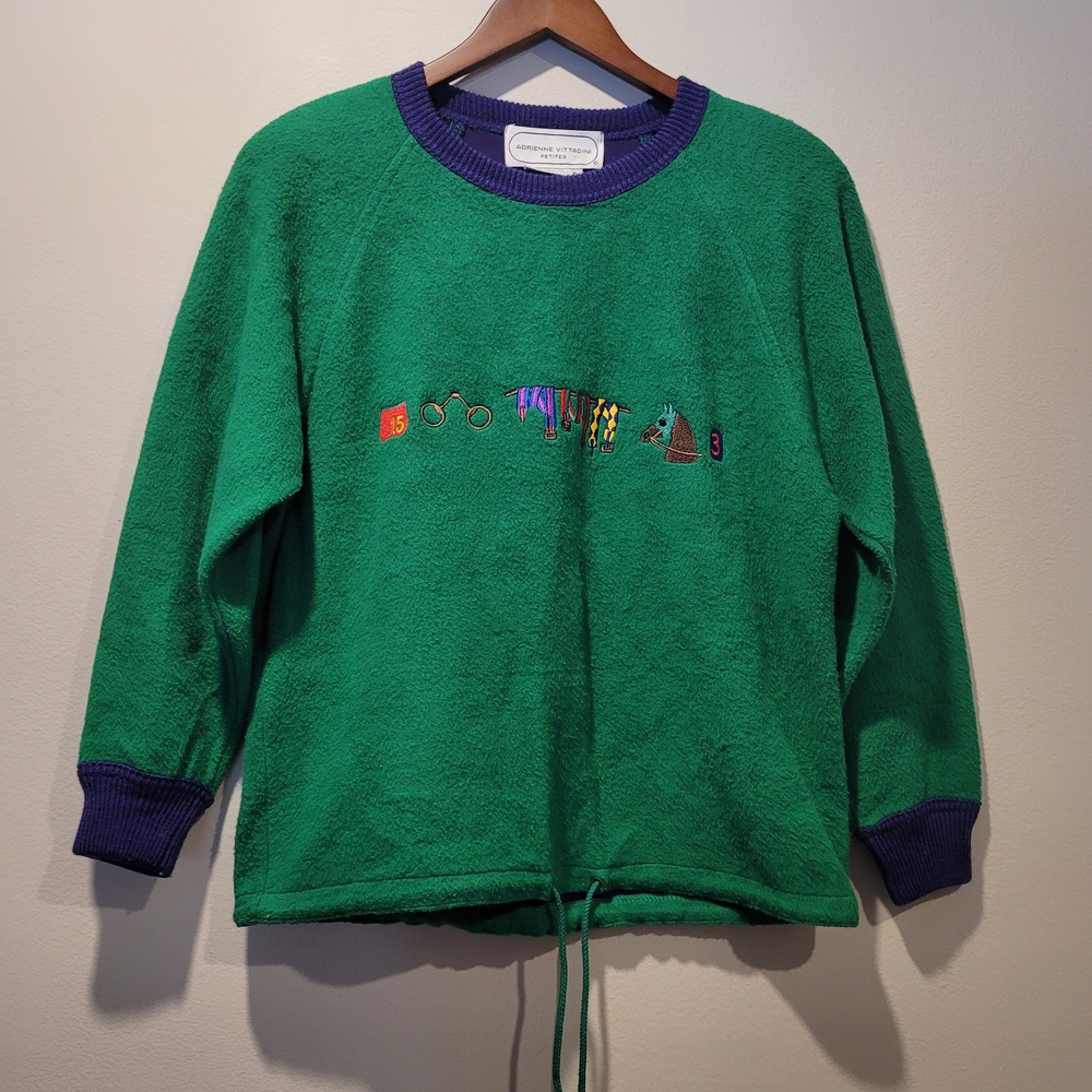 Vintage 80s 90s Adrienne Vittadini Novelty Horse Racing Knit Sweater Green P/S